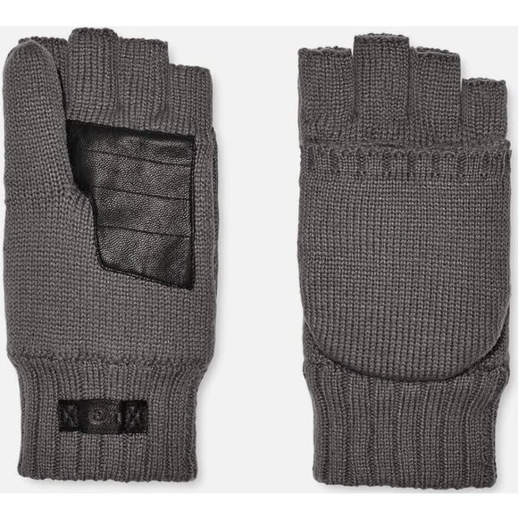 NWT UGG Mens Knit Flip Mittens Leather Palm Graphite L/XL Grey Wool Blend - Picture 1 of 11